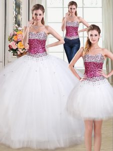 Eye-catching Three Piece Tulle Sweetheart Sleeveless Lace Up Beading 15 Quinceanera Dress in White