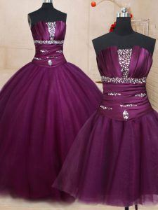 Three Piece Dark Purple Sleeveless Beading Floor Length Sweet 16 Quinceanera Dress