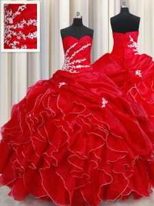 Glamorous Red Ball Gowns Sweetheart Sleeveless Organza Floor Length Lace Up Beading and Ruffles and Pick Ups Sweet 16 Dress