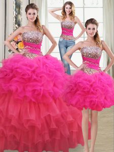 Custom Fit Three Piece Multi-color Ball Gowns Beading and Ruffles and Ruffled Layers and Sequins Vestidos de Quinceanera Lace Up Organza Sleeveless Floor Length