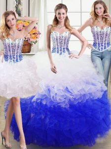 Colorful Three Piece Sleeveless Beading and Ruffles Lace Up Sweet 16 Dresses