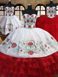 Superior Three Piece Floor Length Lace Up Ball Gown Prom Dress White and Red for Military Ball and Sweet 16 and Quinceanera with Embroidery and Ruffled Layers