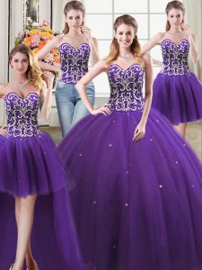 Dramatic Four Piece Floor Length Ball Gowns Sleeveless Purple 15 Quinceanera Dress Lace Up