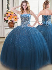 Flare Teal Sweetheart Lace Up Beading Quince Ball Gowns Sleeveless