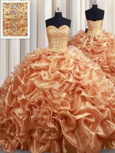 Beading and Ruffles and Pick Ups Sweet 16 Dresses Champagne Lace Up Sleeveless Court Train