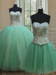 Gorgeous Three Piece Apple Green Sleeveless Floor Length Beading Lace Up Ball Gown Prom Dress