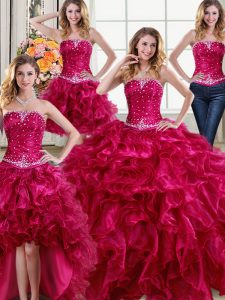 Excellent Four Piece Organza Sleeveless Floor Length 15 Quinceanera Dress and Beading and Ruffles
