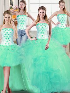 Hot Selling Four Piece Turquoise Tulle Lace Up Strapless Sleeveless Floor Length Sweet 16 Dress Beading and Appliques and Ruffles