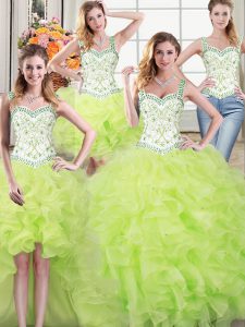 Four Piece Straps Sleeveless Beading and Lace and Ruffles Lace Up Ball Gown Prom Dress