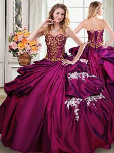 Flare Floor Length Burgundy Quinceanera Dresses Taffeta Sleeveless Beading and Appliques and Pick Ups
