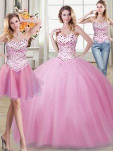 Three Piece Rose Pink Sweet 16 Dresses Military Ball and Sweet 16 and Quinceanera and For with Beading Sweetheart Sleeveless Lace Up