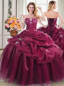 Exquisite Burgundy Sweetheart Neckline Appliques and Pick Ups Sweet 16 Quinceanera Dress Sleeveless Lace Up
