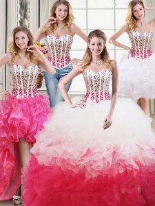 Dramatic Four Piece Ball Gowns Quinceanera Gowns White and Red Sweetheart Organza Sleeveless Floor Length Lace Up