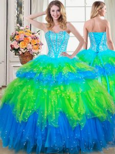 Best Multi-color Ball Gowns Beading and Ruffled Layers Sweet 16 Dress Lace Up Tulle Sleeveless Floor Length