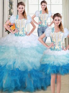 Three Piece Multi-color Organza Lace Up 15 Quinceanera Dress Sleeveless Floor Length Beading and Appliques