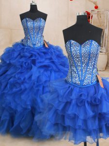 Suitable Three Piece Sleeveless Lace Up Floor Length Beading and Ruffles Quinceanera Gowns
