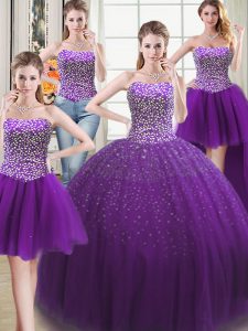 Four Piece Purple Lace Up Sweetheart Beading Sweet 16 Quinceanera Dress Tulle Sleeveless