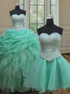 Three Piece Turquoise Sleeveless Beading and Ruffles and Pick Ups Floor Length Quinceanera Dress