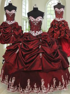 Discount Four Piece Pick Ups Wine Red Sleeveless Taffeta Lace Up Ball Gown Prom Dress for Military Ball and Sweet 16 and Quinceanera