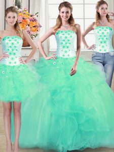 New Style Three Piece Tulle Sleeveless Floor Length 15 Quinceanera Dress and Beading and Appliques and Ruffles