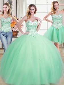 Three Piece Apple Green Ball Gowns Beading Quinceanera Dress Lace Up Tulle Sleeveless Floor Length