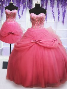Wonderful Three Piece Rose Pink Sleeveless Floor Length Beading and Bowknot Lace Up Quinceanera Gown