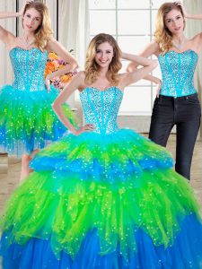 Fantastic Three Piece Beading and Ruffled Layers 15th Birthday Dress Multi-color Lace Up Sleeveless Floor Length