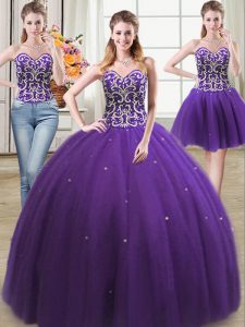 Charming Three Piece Purple Tulle Lace Up Sweet 16 Dress Sleeveless Floor Length Beading