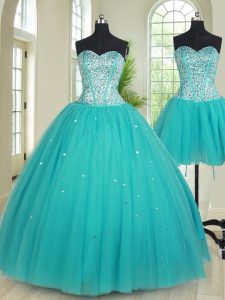 Three Piece Aqua Blue Sweet 16 Dresses Military Ball and Sweet 16 and Quinceanera and For with Beading Sweetheart Sleeveless Lace Up