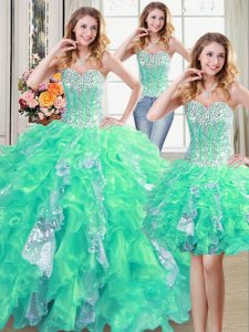 Ideal Three Piece Sleeveless Organza Floor Length Lace Up Quince Ball Gowns in Turquoise with Beading and Ruffles and Sequins