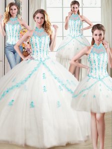 Dazzling Four Piece Halter Top Sleeveless Quinceanera Dress Floor Length Beading and Appliques White Tulle