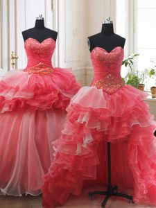 Custom Design Three Piece White and Coral Red 15th Birthday Dress Military Ball and Sweet 16 and Quinceanera and For with Beading and Ruffled Layers Sweetheart Sleeveless Brush Train Lace Up