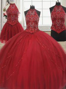 Perfect Three Piece Halter Top Red Sleeveless Court Train Beading With Train Sweet 16 Dresses