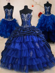 Lovely Four Piece With Train Royal Blue Quinceanera Gowns Organza and Taffeta Brush Train Sleeveless Beading and Ruffled Layers and Pick Ups