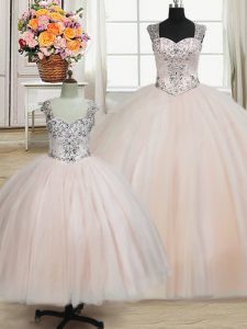 New Style Straps Sleeveless Floor Length Beading Zipper Quinceanera Dresses with Pink