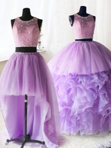 Three Piece Lilac Ball Gowns Organza and Tulle Scoop Sleeveless Beading and Lace and Ruffles With Train Zipper Quinceanera Gown Brush Train