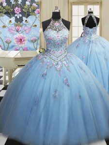Artistic Embroidery Quinceanera Dress Light Blue Lace Up Sleeveless Floor Length