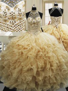 Sweet With Train Lace Up Quinceanera Dresses Champagne for Military Ball and Sweet 16 and Quinceanera with Beading and Ruffles Sweep Train