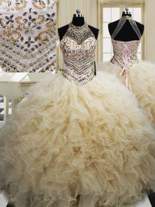 Delicate Halter Top Champagne Lace Up Quince Ball Gowns Beading and Ruffles Sleeveless Floor Length