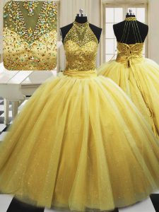 Cute With Train Lace Up 15th Birthday Dress Yellow for Military Ball and Sweet 16 and Quinceanera with Beading Sweep Train