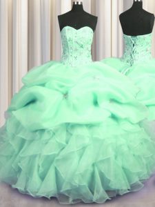 Comfortable Visible Boning Apple Green Organza Lace Up Sweet 16 Dress Sleeveless Floor Length Beading and Ruffles