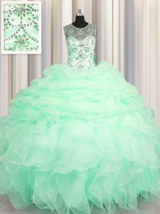 Pick Ups See Through Scoop Sleeveless Lace Up Quinceanera Dress Apple Green Organza