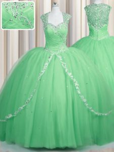Top Selling Cap Sleeves Brush Train Zipper Beading and Appliques 15 Quinceanera Dress