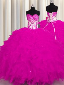 Hot Selling Sleeveless Organza Floor Length Lace Up Sweet 16 Dresses in Fuchsia with Appliques