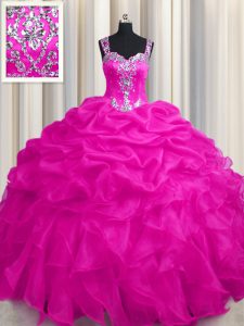 See Through Zipper Up Hot Pink Ball Gowns Straps Sleeveless Organza Floor Length Zipper Appliques and Ruffles and Ruffled Layers Ball Gown Prom Dress