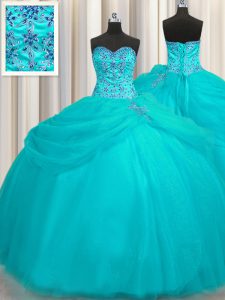High End Puffy Skirt Aqua Blue Sleeveless Floor Length Beading Lace Up Quinceanera Dresses