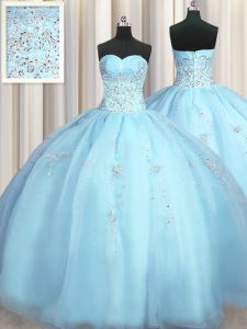 Simple Big Puffy Baby Blue Sweetheart Zipper Beading and Appliques Quinceanera Gowns Sleeveless