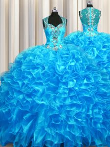 Elegant Zipper Up See Through Back Sleeveless Organza With Train Zipper 15 Quinceanera Dress in Baby Blue with Beading and Ruffles
