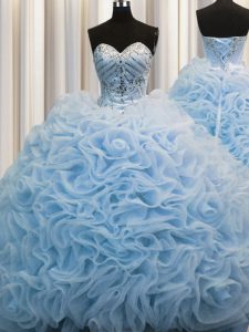 Baby Blue Ball Gowns Fabric With Rolling Flowers Sweetheart Sleeveless Beading and Pick Ups Lace Up Sweet 16 Quinceanera Dress Brush Train