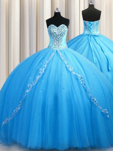 Sweetheart Sleeveless Brush Train Lace Up Sweet 16 Quinceanera Dress Baby Blue Tulle